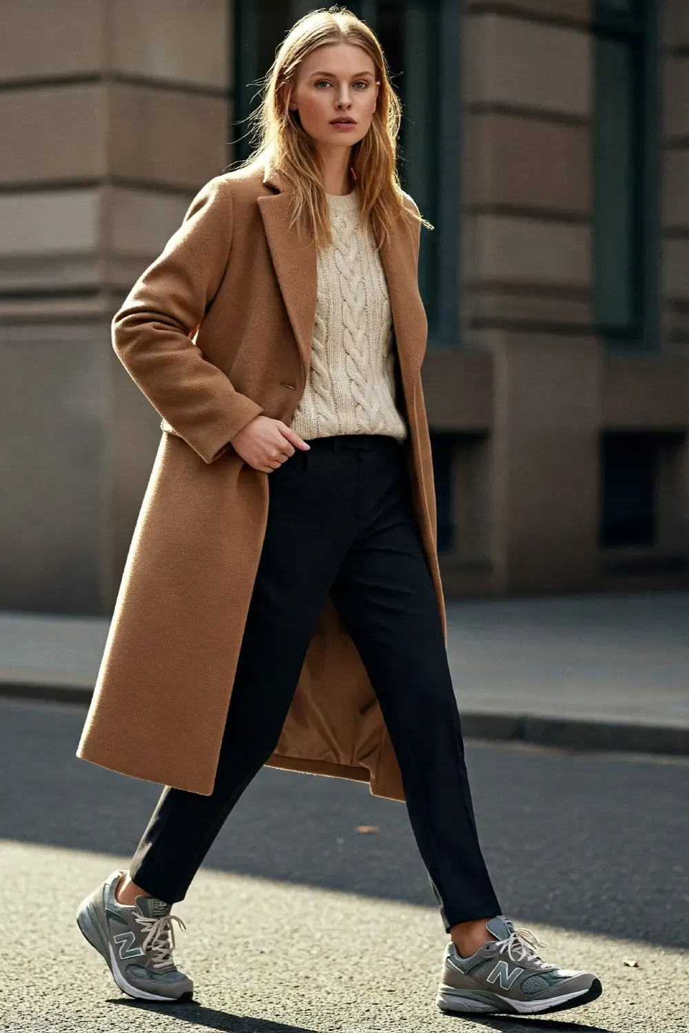 Woman wearing New Balance 990v6 grey sneakers with a luxurious camel coat, cream cable knit sweater, and tailored black trousers on a city street