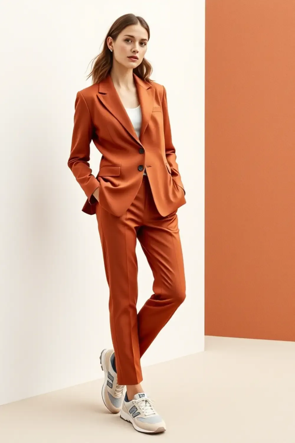 Woman wearing a tailored terracotta orange suit with a fitted blazer and slim pants, paired with gray and white New Balance athletic sneakers and a simple white top.