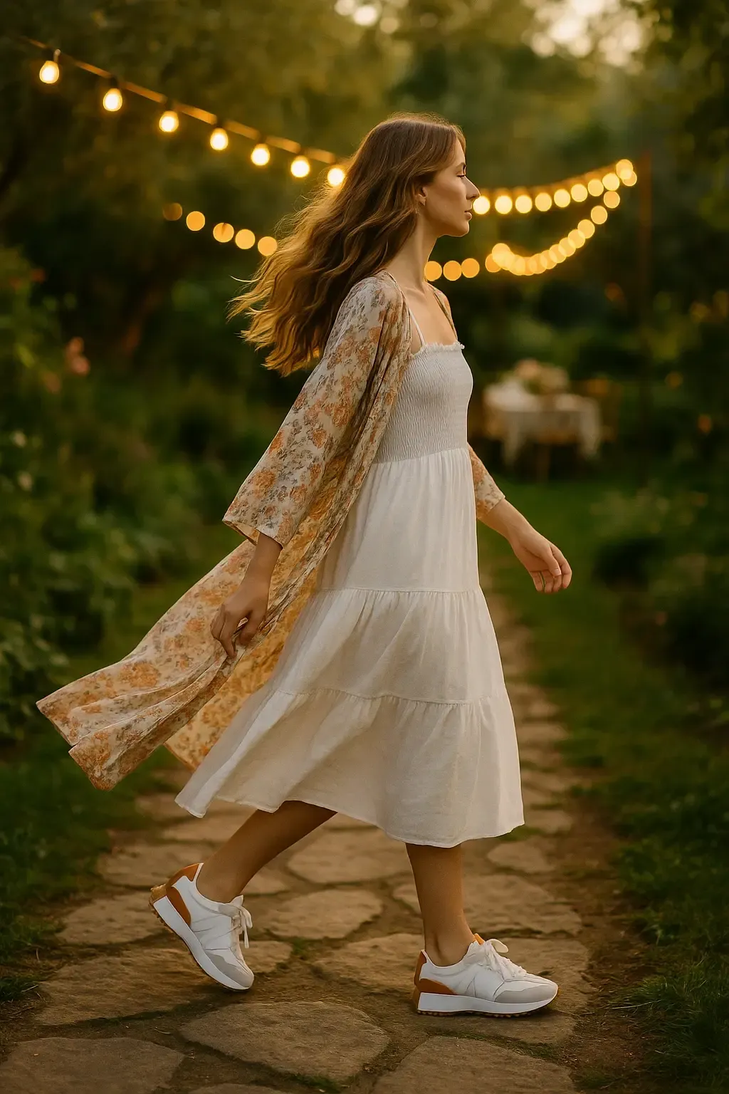 Woman wearing a white tiered cotton sundress with floral kimono and New Balance 327 sneakers walking through garden with string lights