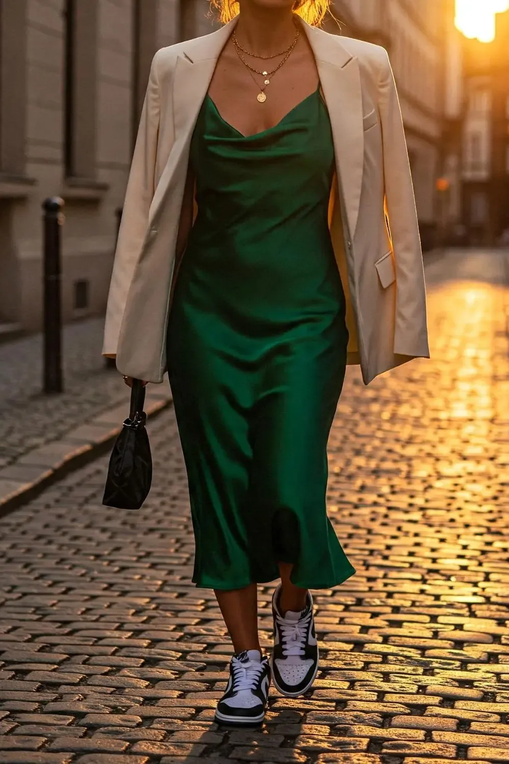 Woman in an emerald green satin slip dress and white Nike Dunk Lows, with a cream blazer over her shoulders, looking effortlessly chic at golden hour.
