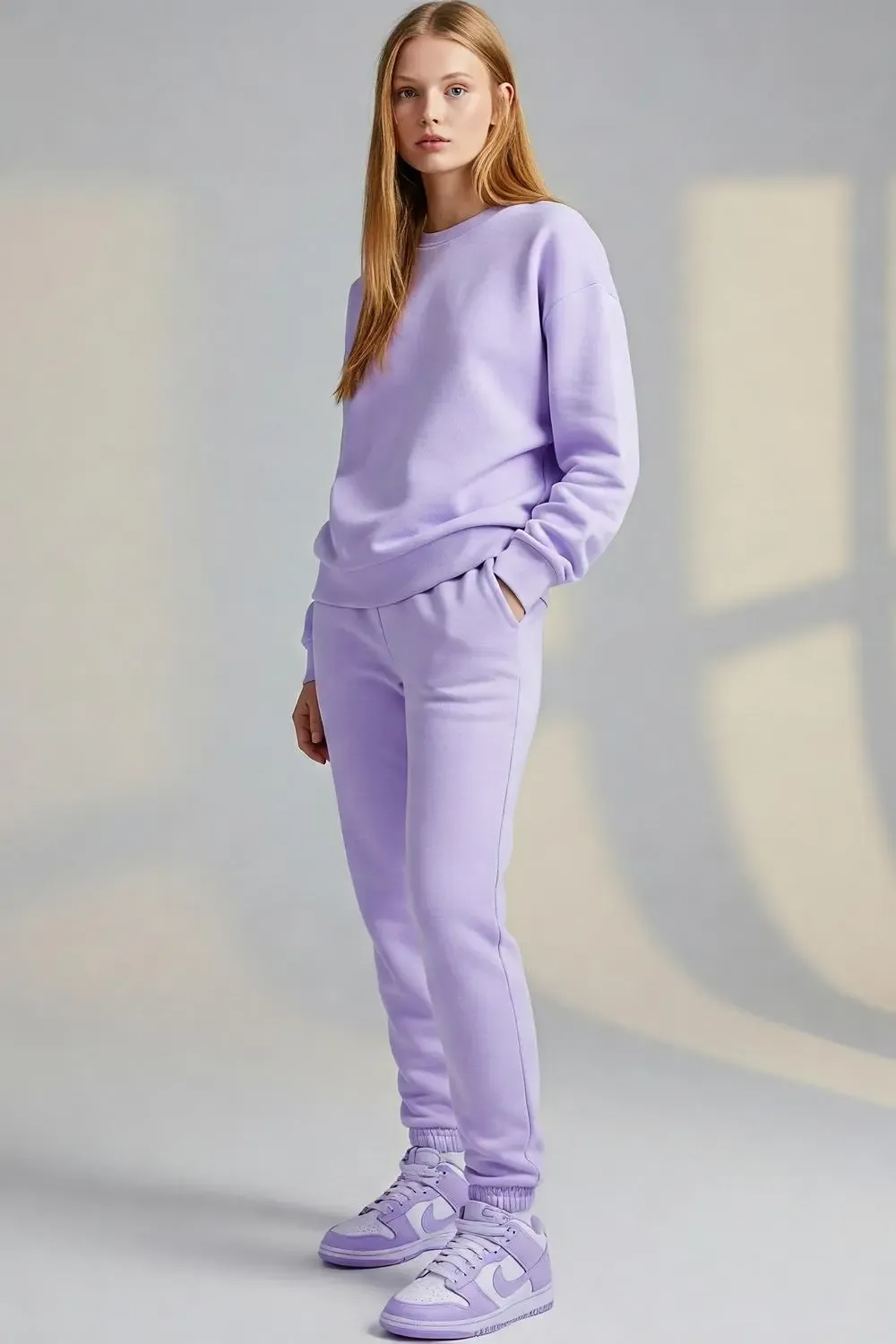 Model in a chic lilac sweatsuit perfectly coordinated with matching lilac and white Nike Dunk Low sneakers for a monochromatic pastel look.