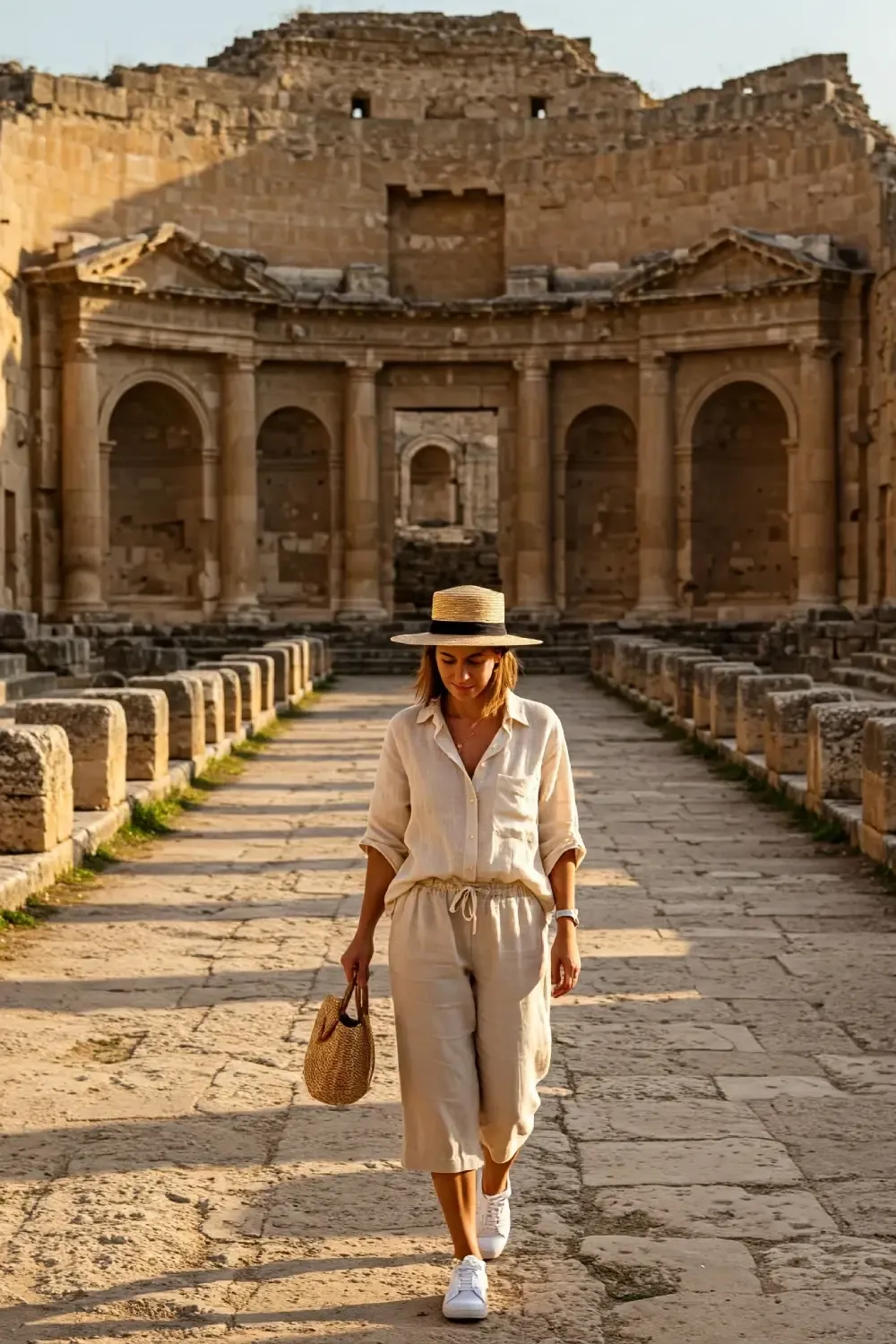 Woman in all-beige linen outfit with straw hat exploring ancient Roman ruins, wearing practical white sneakers for navigating uneven stone pathways.