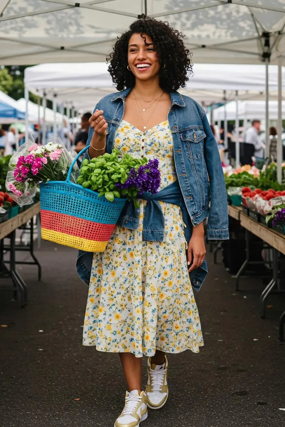 Woman in a floral puff-sleeve midi dress and white Nike Dunk Lows, holding flowers at a farmers market, epitomizing summer style.