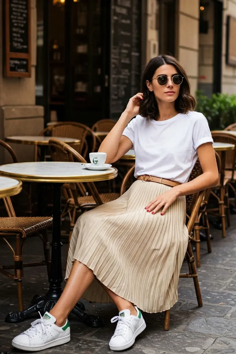 Woman in simple white t-shirt with pleated beige midi skirt at a sidewalk café, paired with round sunglasses and white sneakers with tan belt accent.