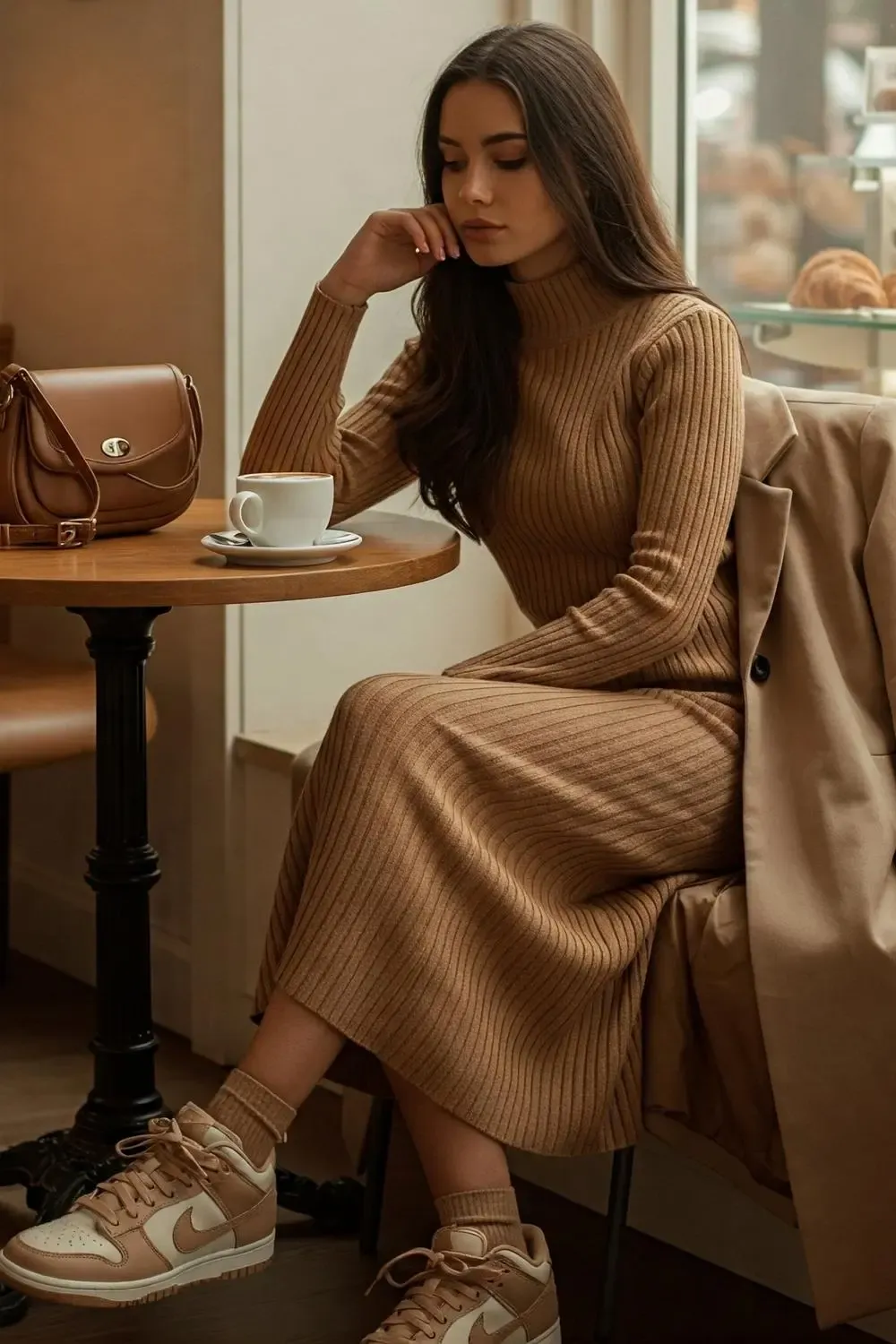 Woman in a camel knit midi dress and neutral 'Sandrift' Nike Dunk Lows, sitting in a cozy cafe, exuding autumn chic.