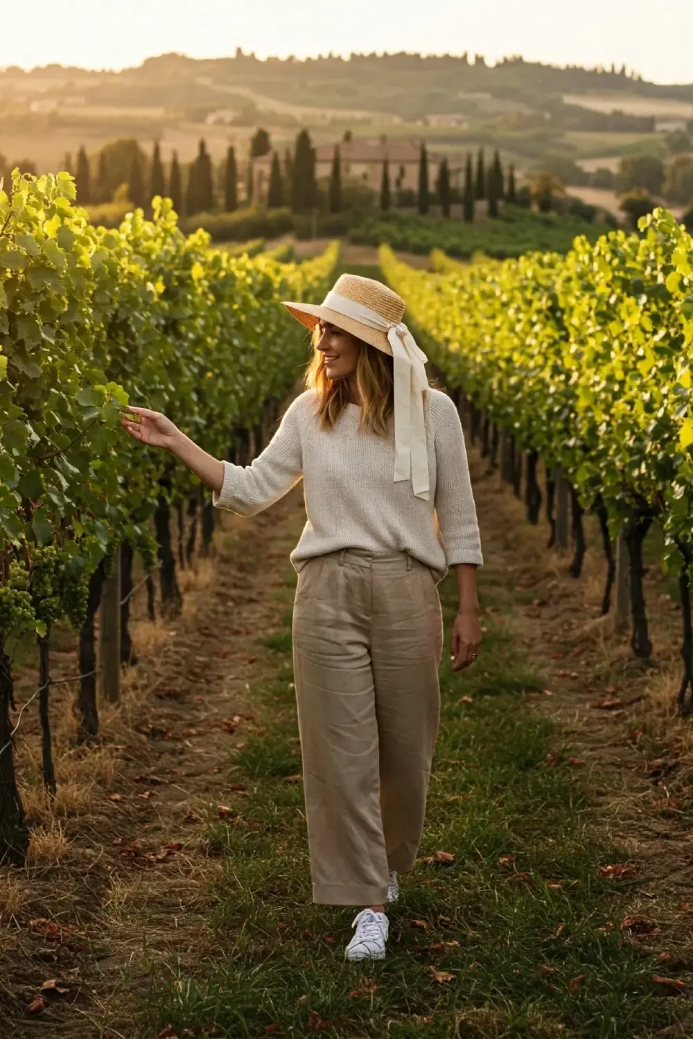 Woman in cream knit top and beige linen pants walking through Tuscan vineyard at golden hour, accessorized with straw hat and white sneakers.