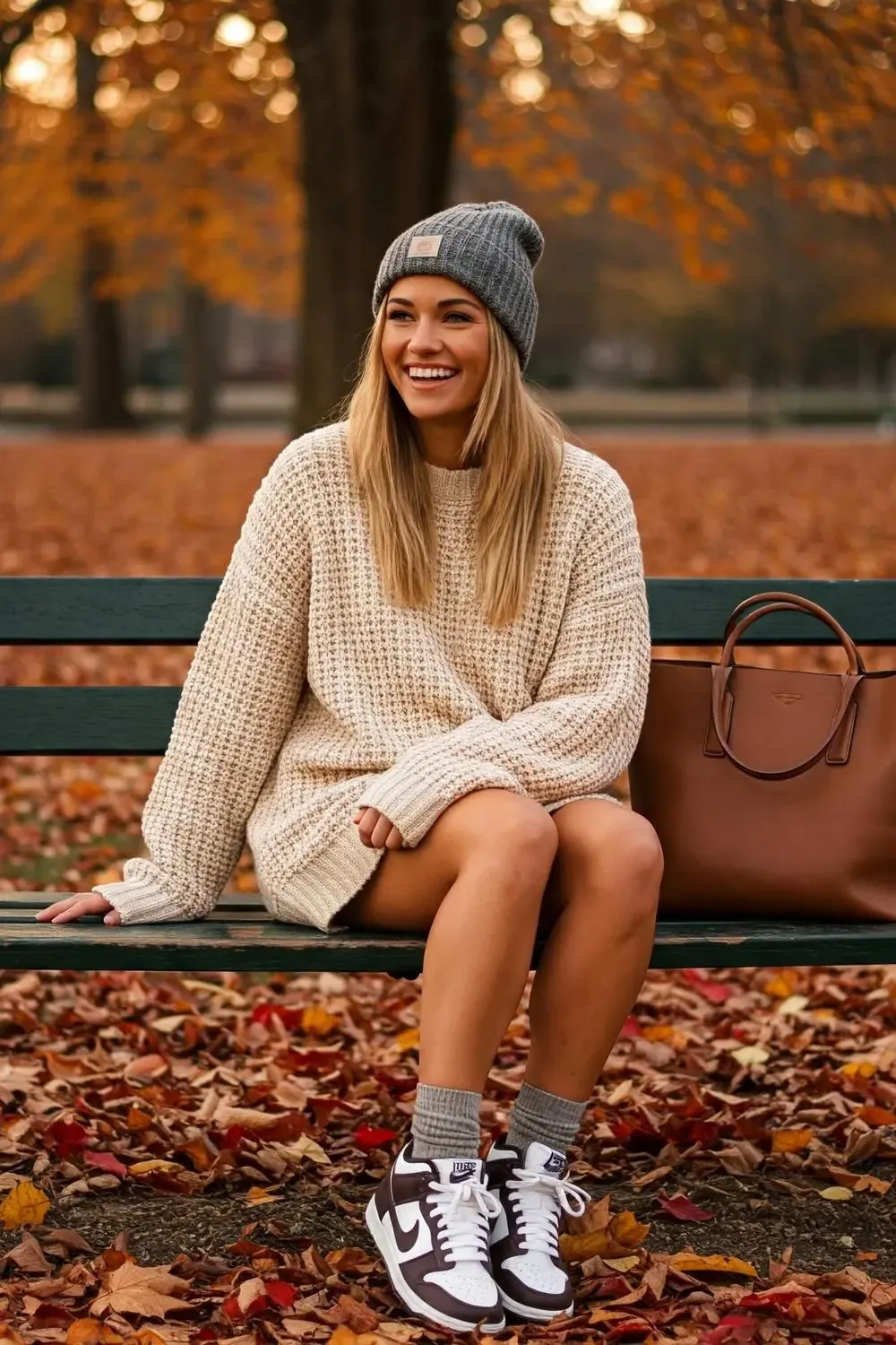 Woman in a cream oversized sweater dress, Panda Nike Dunk Lows, and ribbed socks, sitting on a park bench in autumn.