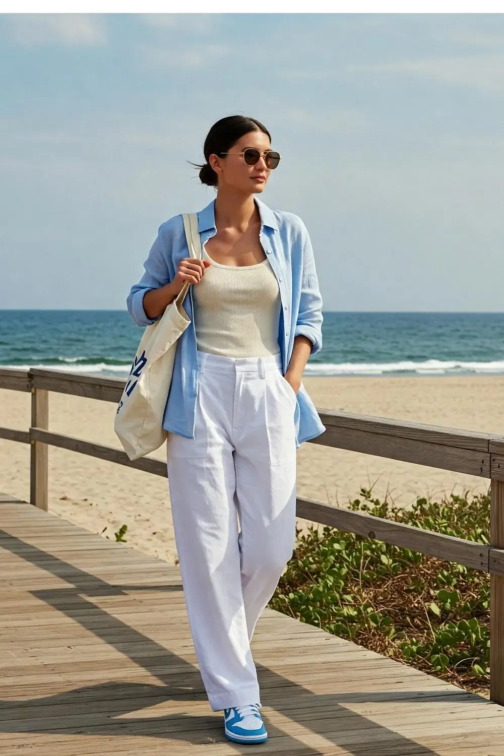 Woman in white linen pants, blue linen shirt, and 'Coast' blue Nike Dunk Lows, walking on a seaside boardwalk.