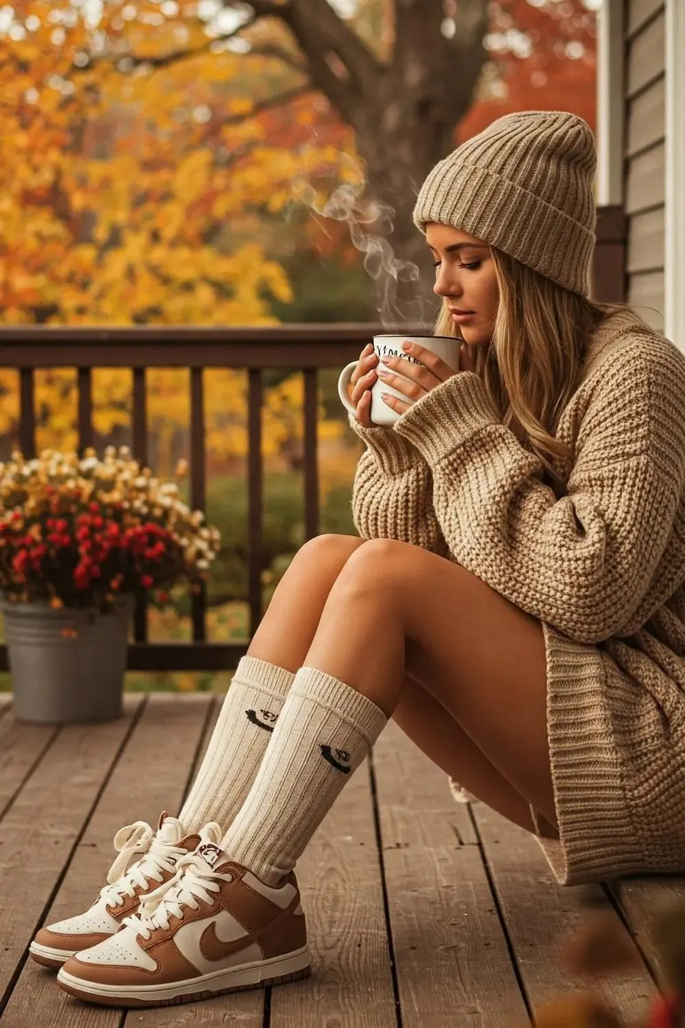 Woman in an oatmeal sweater dress, Panda Dunks, and beanie, enjoying a warm drink on a porch in autumn.