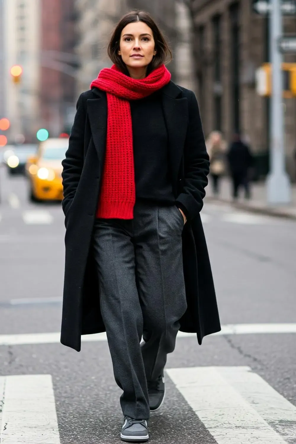 Woman in grey wool trousers, black cashmere sweater, black overcoat, red scarf, and 'Grey Fog' Nike Dunk Lows, showcasing polished winter layering.