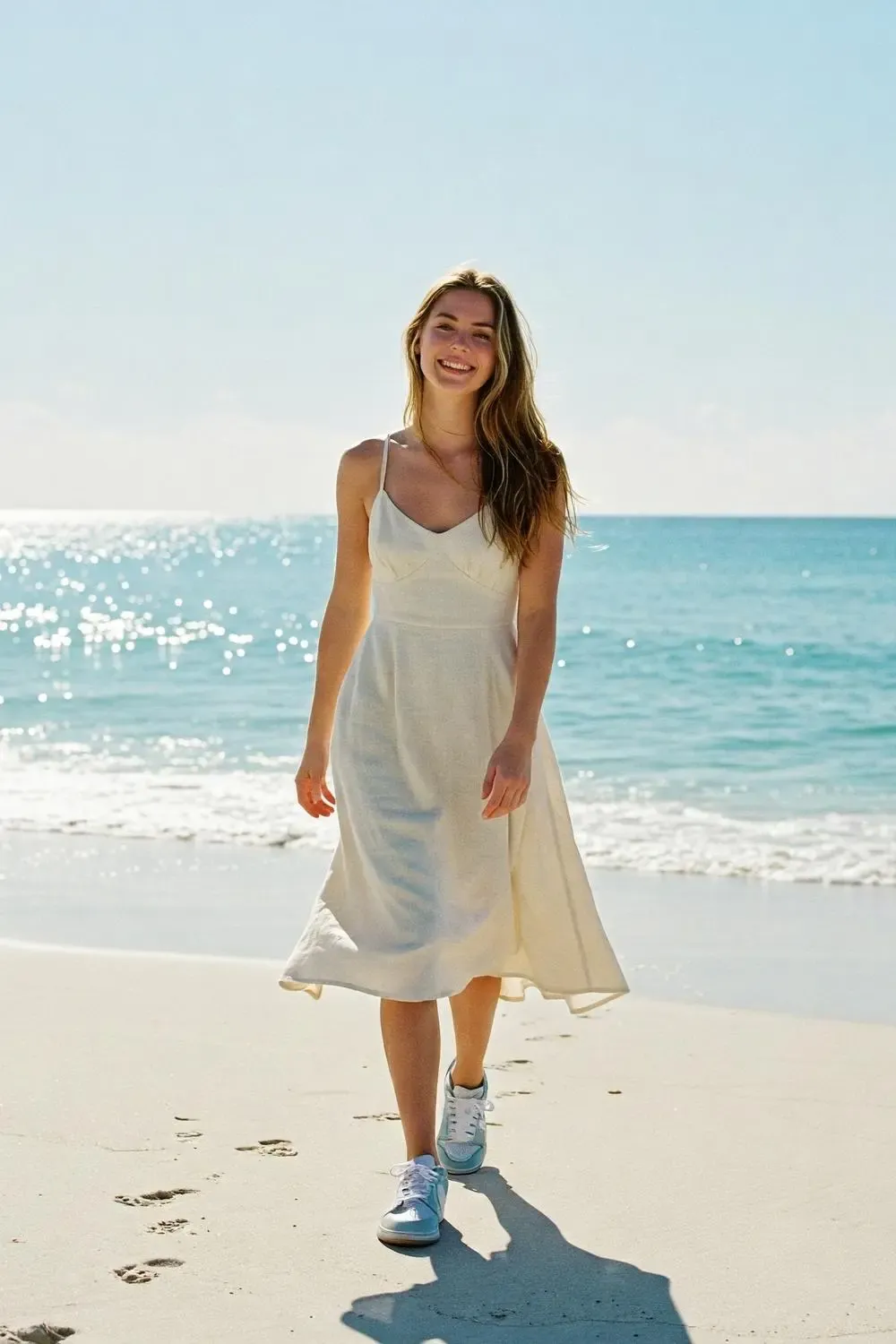 Woman in a cream linen sundress paired with pale blue 'Coast' Nike Dunk Lows, walking on a sunny beach.