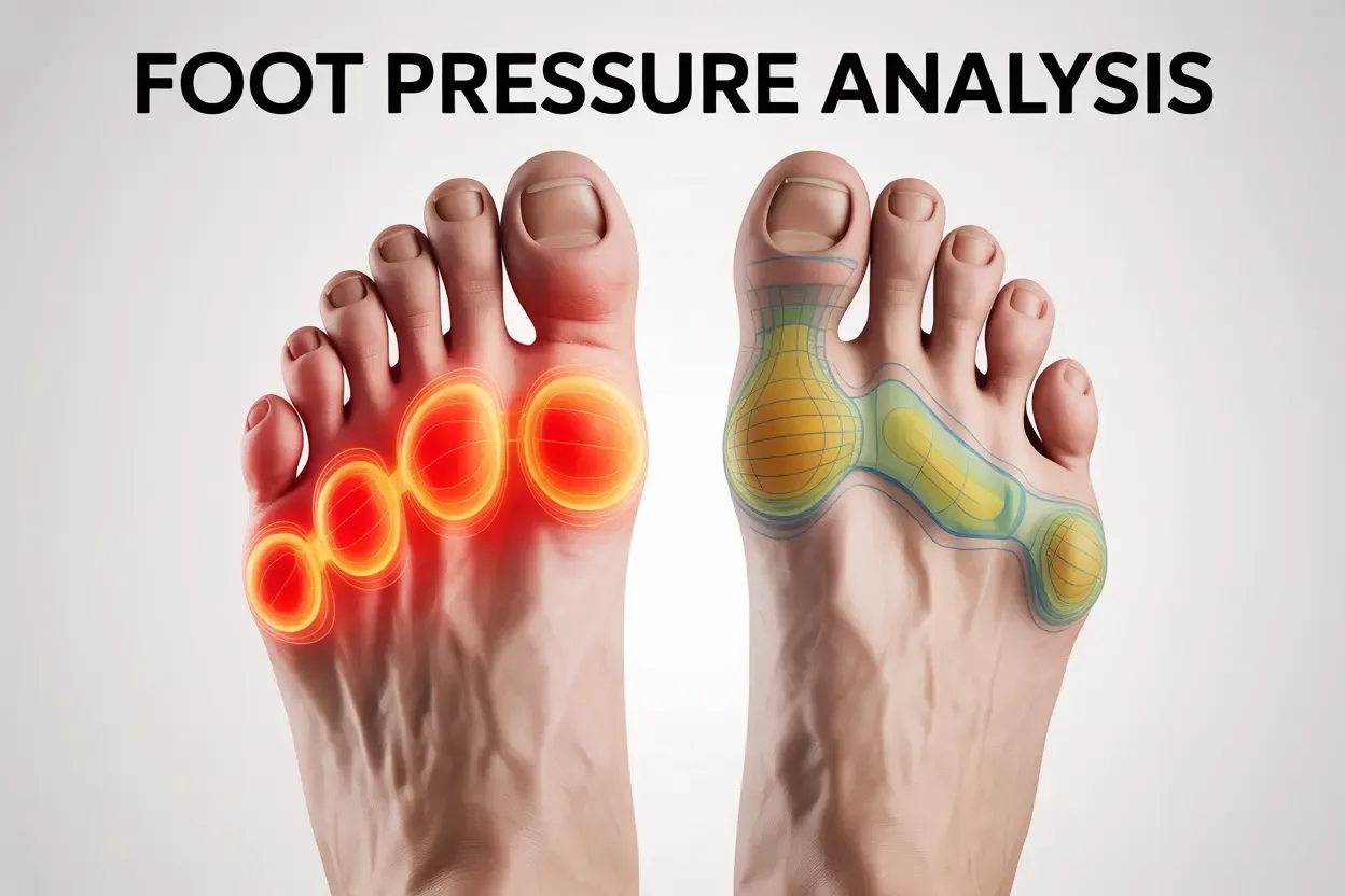 Side-by-side comparison of 3D foot pressure maps. The left map shows high pressure in a narrow shoe, and the right map shows reduced pressure in a wide toe box shoe for a foot with bunions and hammertoes.