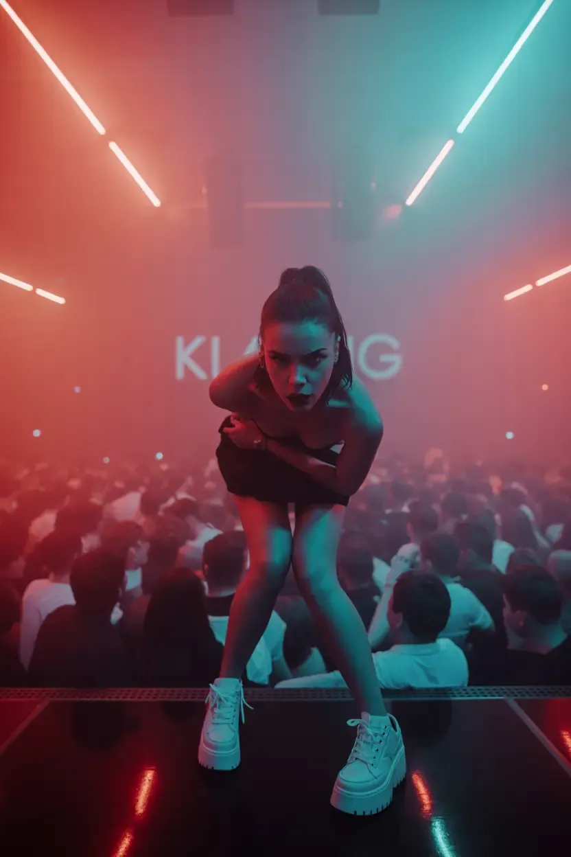 A woman wearing towering Buffalo platform sneakers dances intensely in a dark German techno club with strobe lights.