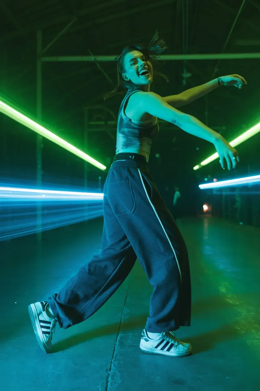 A young woman in a 90s UK warehouse rave, wearing Adidas trainers and track pants, dancing under neon lights.