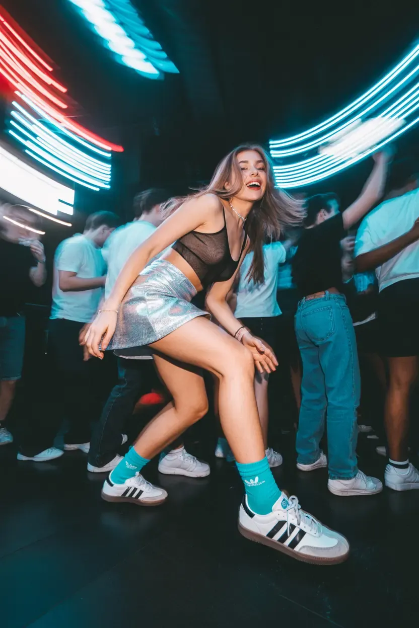 A woman wearing Adidas Samba sneakers and a retro-style outfit dances in a modern club with vibrant lighting.