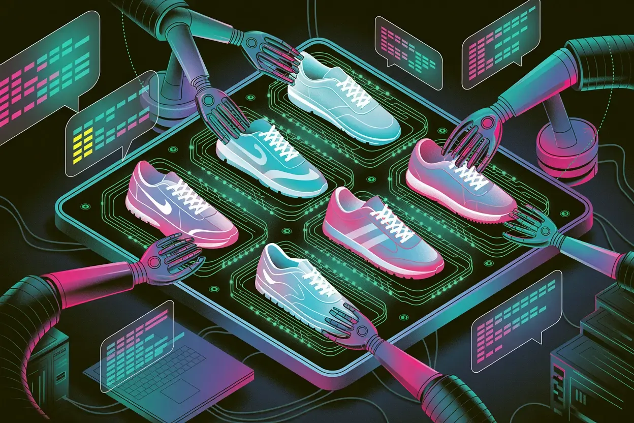 Futuristic digital illustration shows robotic arms examining and interacting with several sneakers on a glowing circuit board-like platform, with data displays surrounding it.