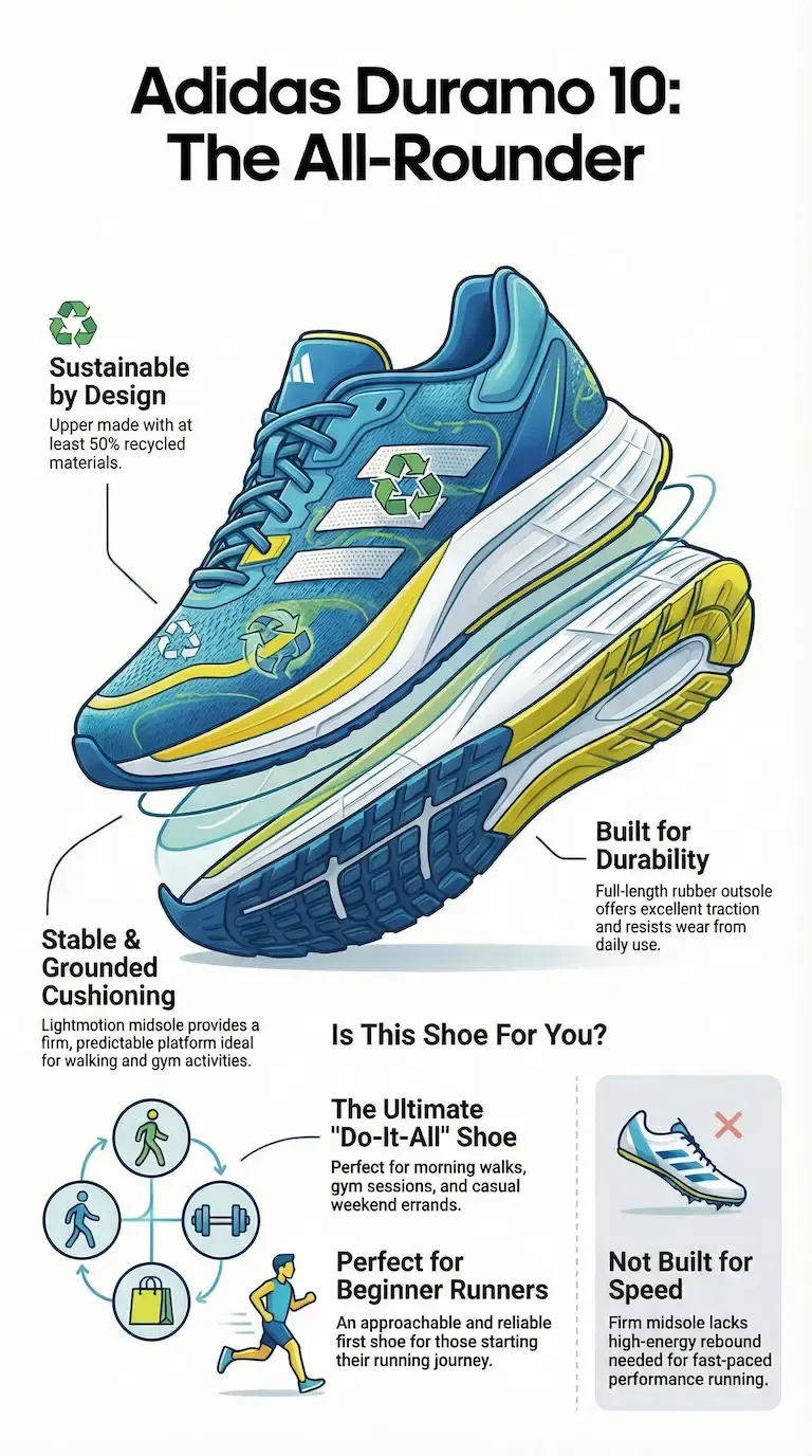 Adidas Duramo 10 infographic showing sustainability features, Lightmotion cushioning, durability, ideal use cases, and limitations for speed.