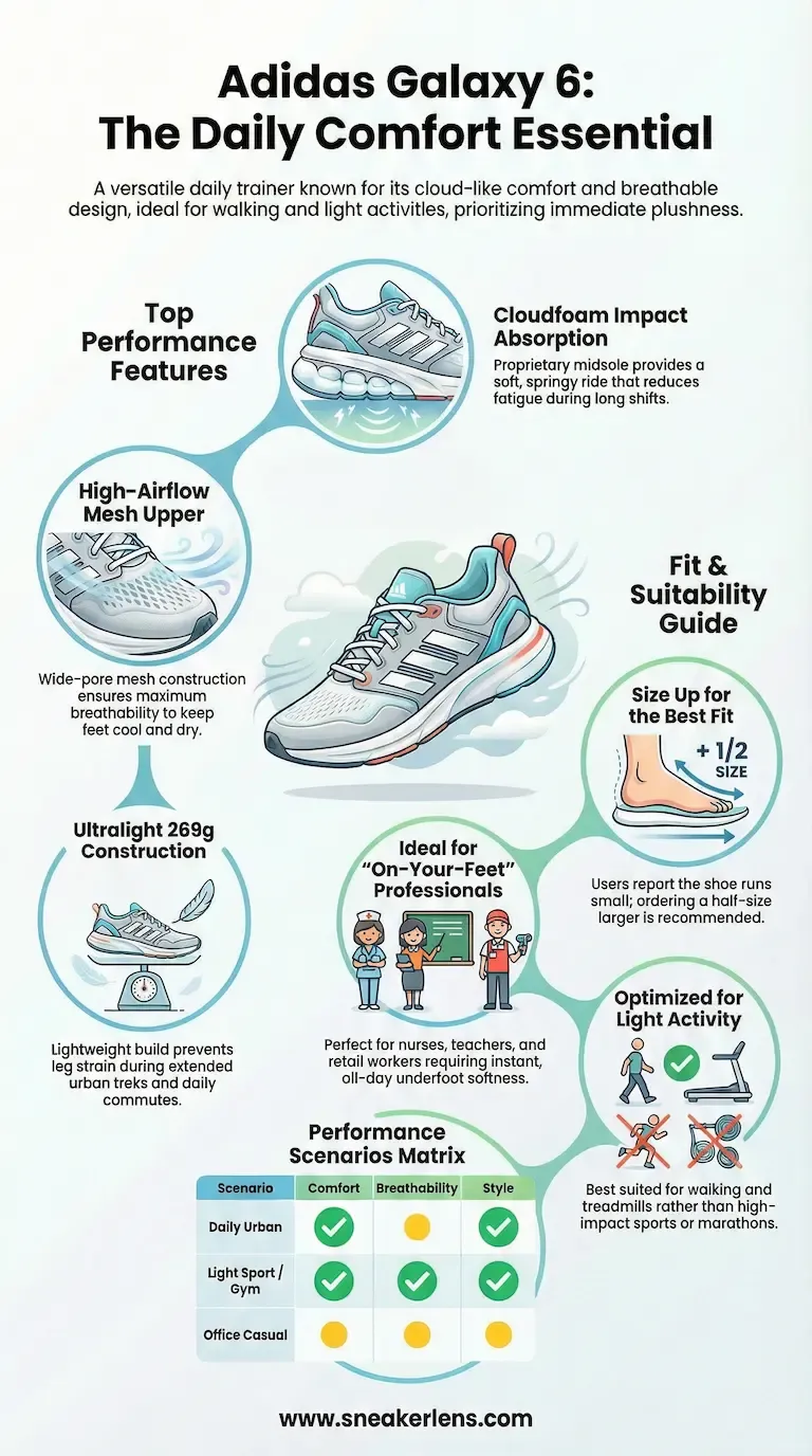 Adidas Galaxy 6 running shoe infographic highlighting cloudfoam midsole, breathable mesh upper, ultralight 269g build, and suitability for daily urban wear, light sports, and on-your-feet professionals.