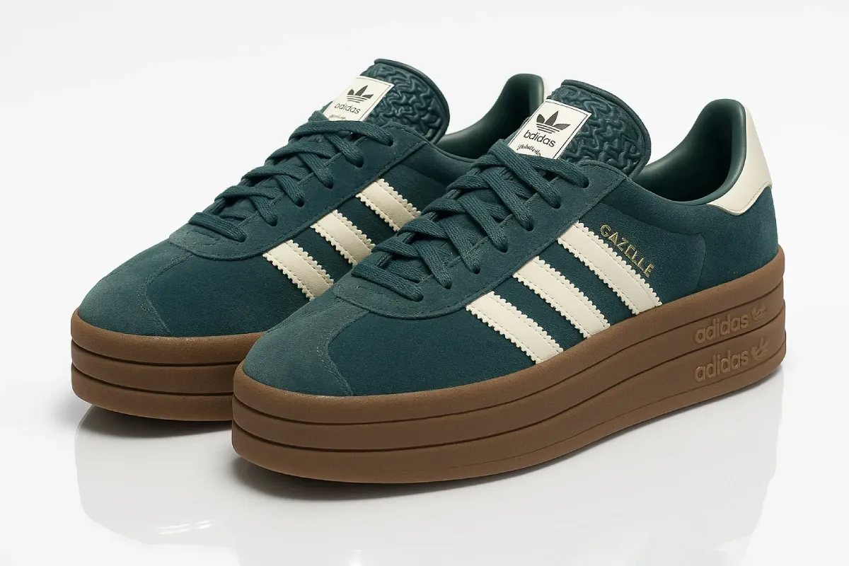 Adidas Gazelle Bold in deep teal suede with cream three stripes, featuring platform gum sole, gold foil Gazelle branding, padded collar, and elevated design that modernizes the classic terrace sneaker silhouette.