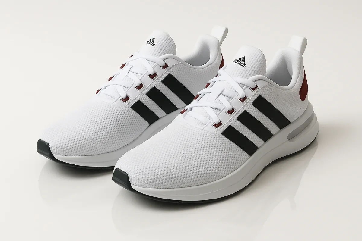 Adidas Racer TR23 in white mesh with black three stripes, featuring lightweight running design, burgundy heel clip, responsive cushioning, breathable construction, and contemporary lifestyle appeal for everyday wear.