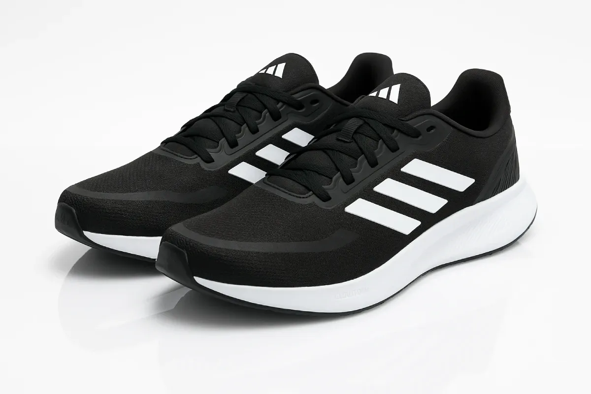 Adidas Runfalcon 5 in black with white three stripes, featuring engineered mesh upper, cushioned midsole, durable rubber outsole, padded collar, and versatile athletic design for running and casual use.