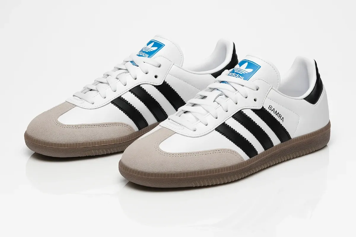 Adidas Samba OG in classic white leather with black three stripes, featuring light gray suede toe overlay, blue trefoil logo on tongue, gum rubber sole, and iconic soccer-inspired silhouette with heritage details.