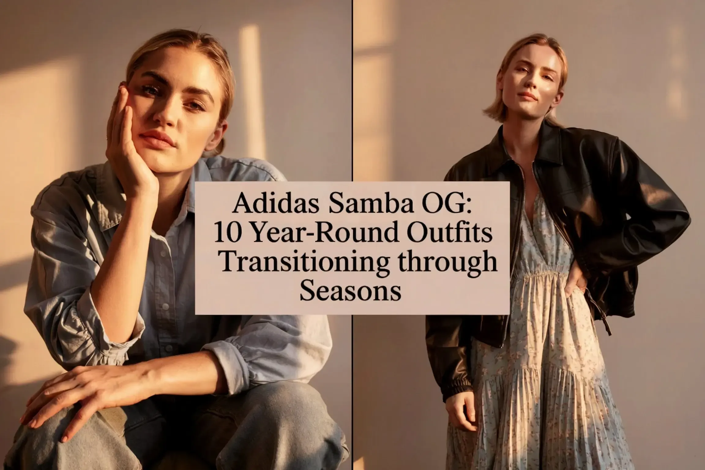 Fashion photography featuring two looks styling Adidas Samba OG sneakers: a casual blue button-down with relaxed pants, and a black leather jacket paired with a floral dress