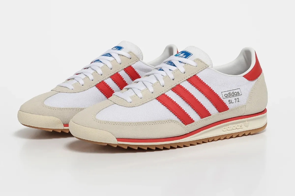 Classic Adidas SL 72 OG sneakers featuring white mesh upper with red three stripes, beige suede overlays, vintage runner profile, and distinctive gum outsole - a timeless athletic heritage design from the 1970s.