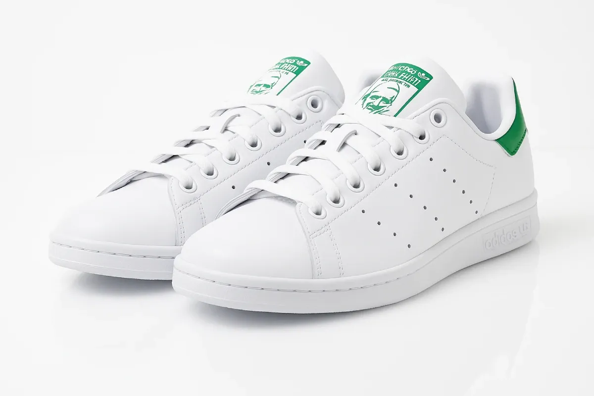 Iconic Adidas Stan Smith tennis shoes in classic white leather with green heel tab, featuring perforated three stripes, minimalist design, smooth leather upper, and signature Stan Smith portrait logo on tongue.