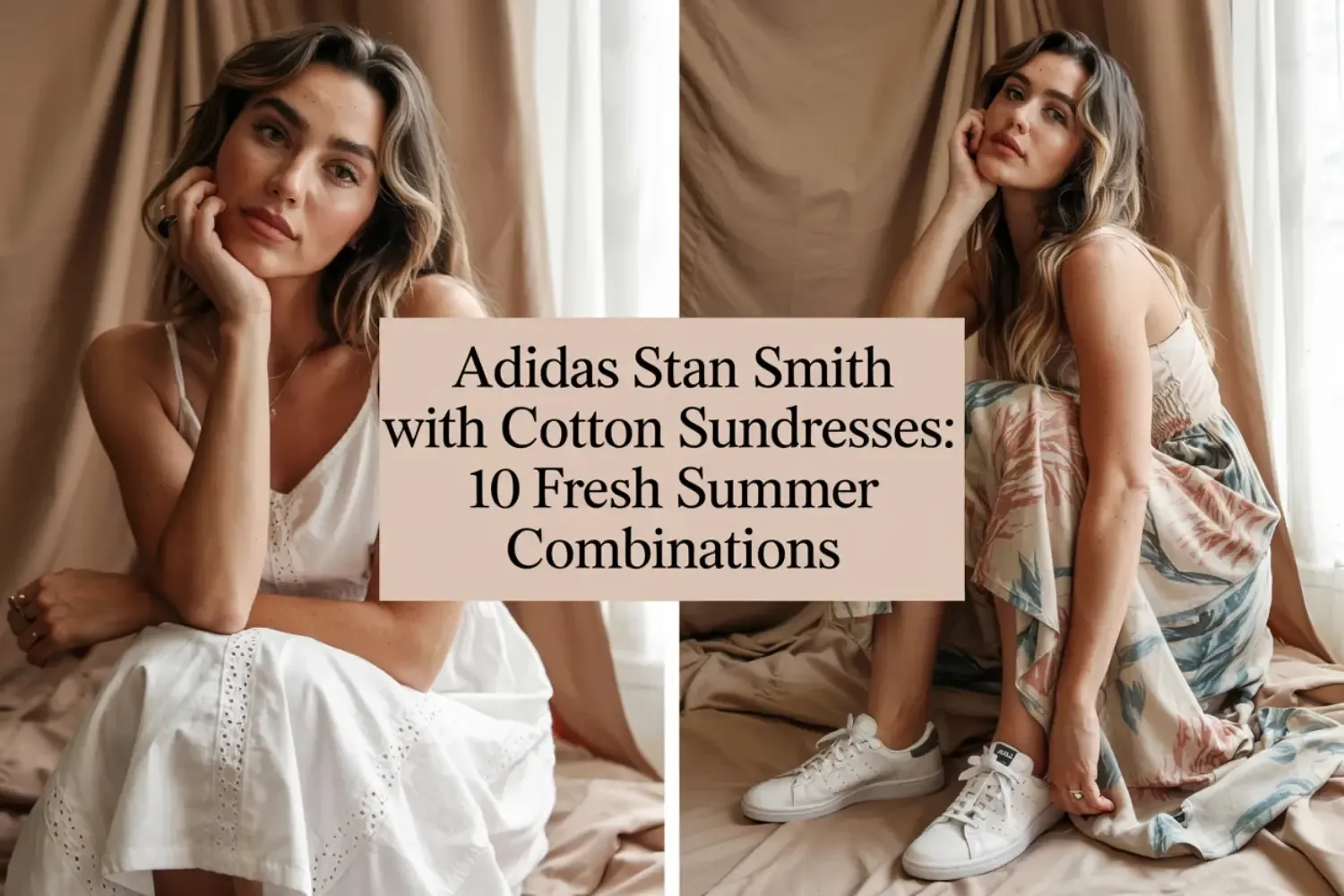 Fashion photography showing a model in two summer looks: a white eyelet sundress and a floral print sundress paired with Adidas Stan Smith sneakers