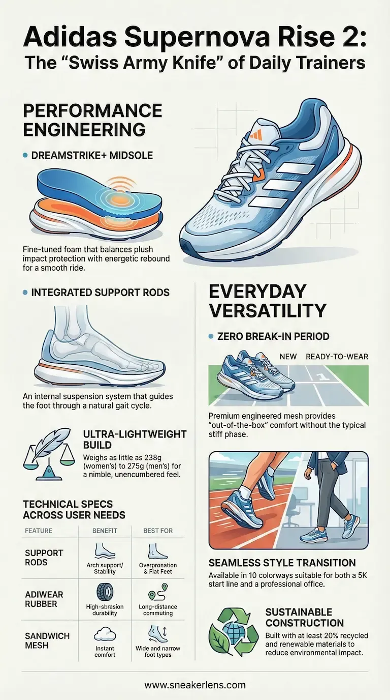 Adidas Supernova Rise 2 running shoe infographic highlighting performance engineering, lightweight design (238-275g), and everyday versatility.