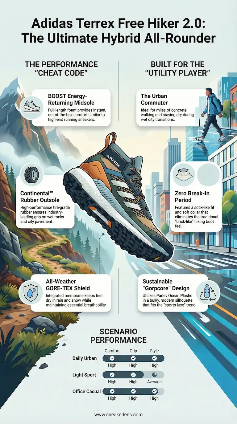 Adidas Terrex Free Hiker 2.0 hybrid hiking shoe with BOOST midsole, Continental rubber outsole, and GORE-TEX waterproofing. Designed for urban commuting and light outdoor adventures with zero break-in period.