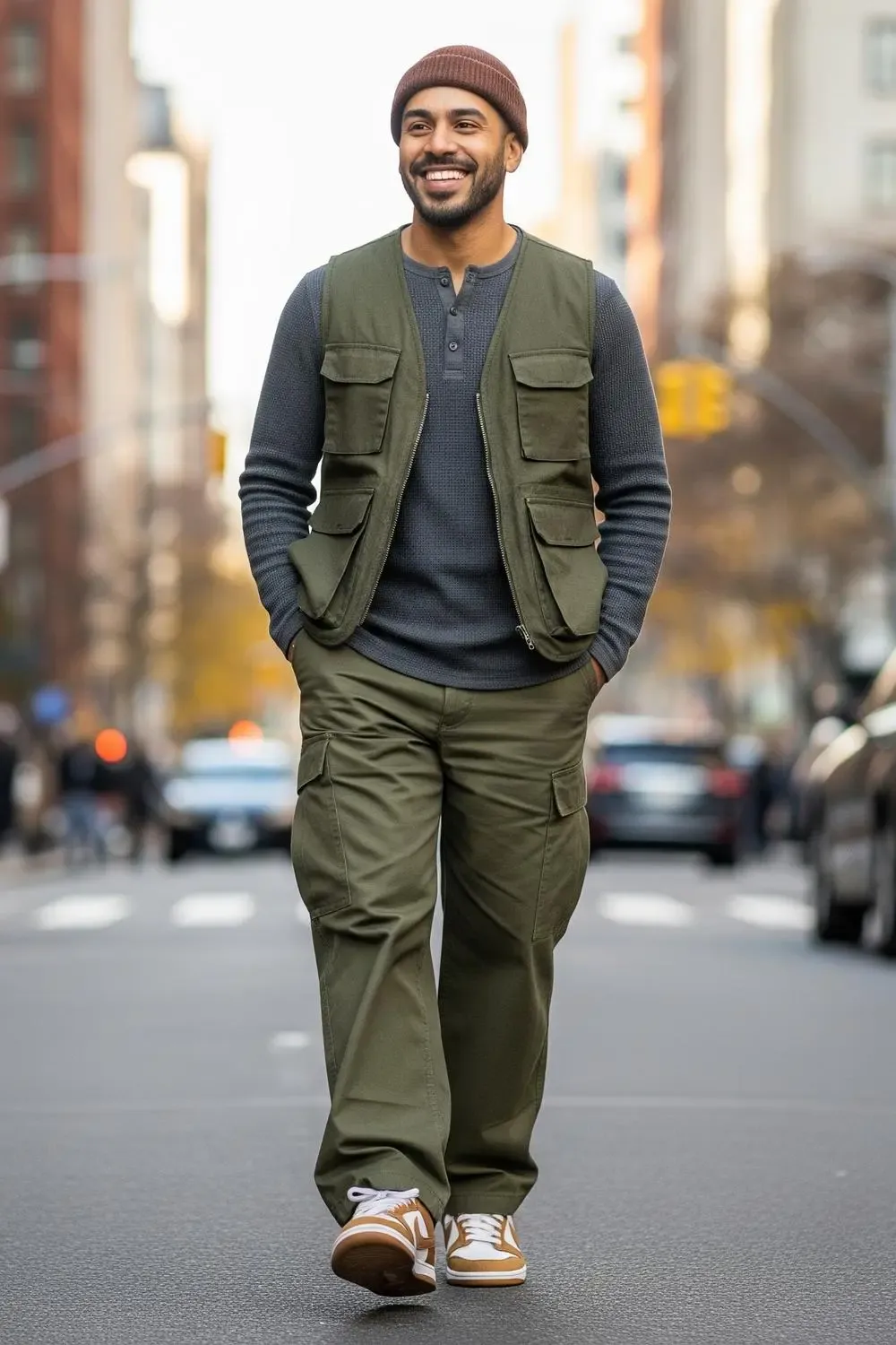 Man prepared for all weather in Dunk Lows, wide-leg cargo pants, and functional layered outerwear.