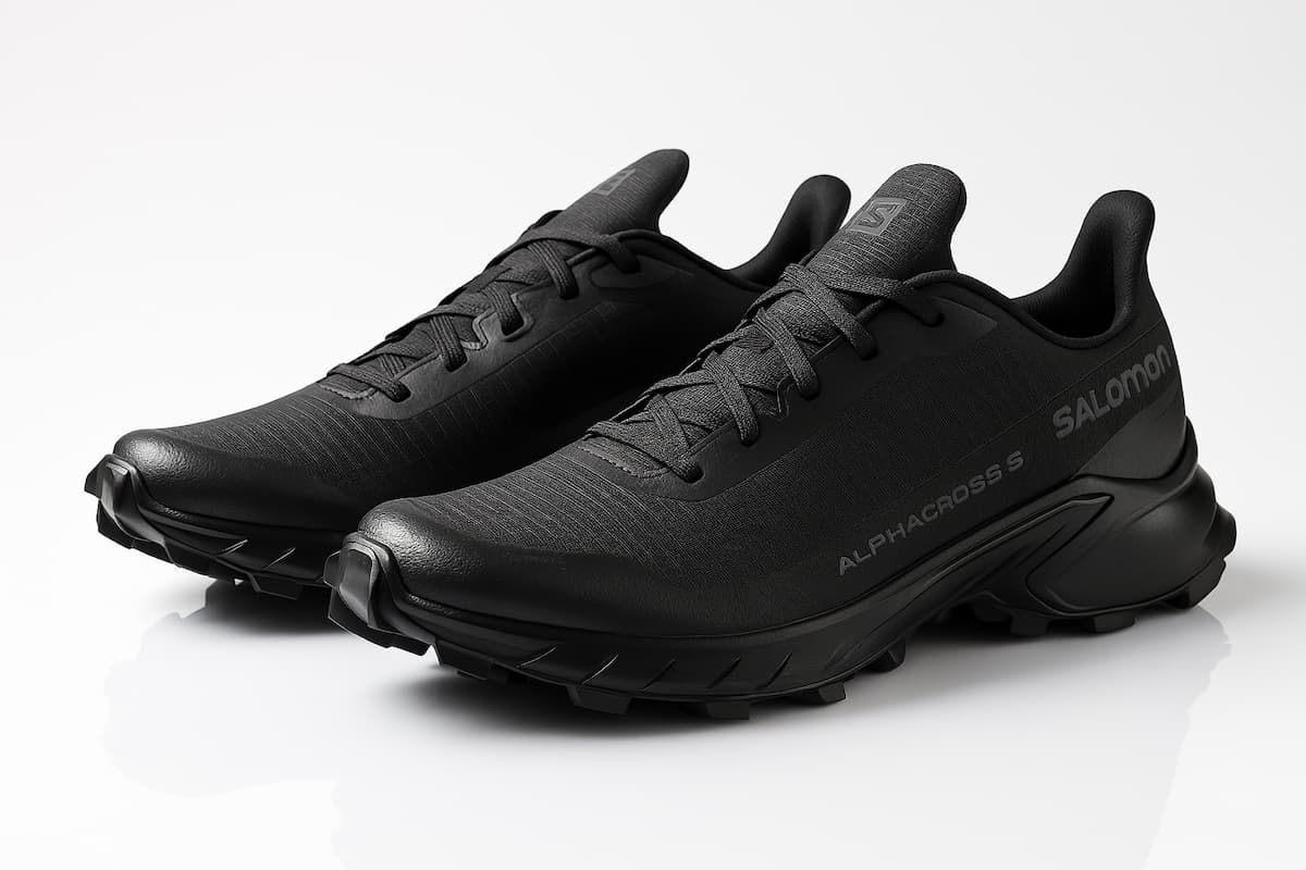 Black Salomon Alphacross 5 trail running shoes with textured upper, Contagrip outsole with aggressive lugs, traditional lacing, and durable design for off-road adventure