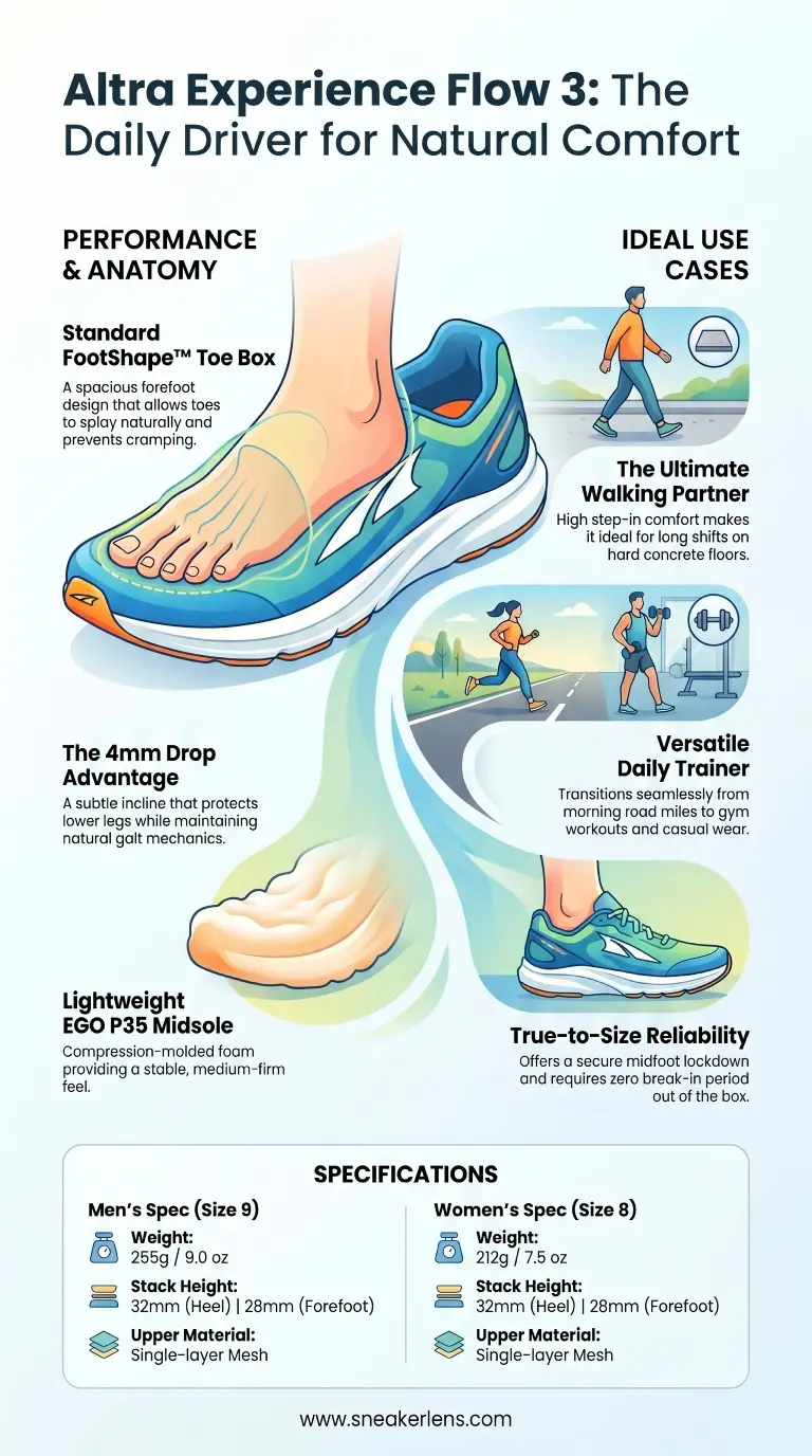An infographic detailing the features and specifications of the Altra Experience Flow 3 running shoe, illustrating its anatomical toe box, 4mm drop, cushioned midsole, and versatile daily use cases.