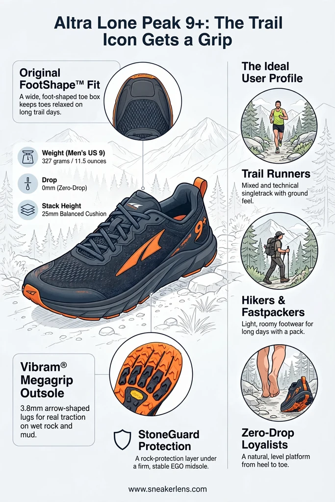Infografía de los Altra Lone Peak 9+ con su suela Vibram Megagrip, plataforma zero-drop de 25 mm, protección StoneGuard y los perfiles ideales de corredores de trail y senderistas.