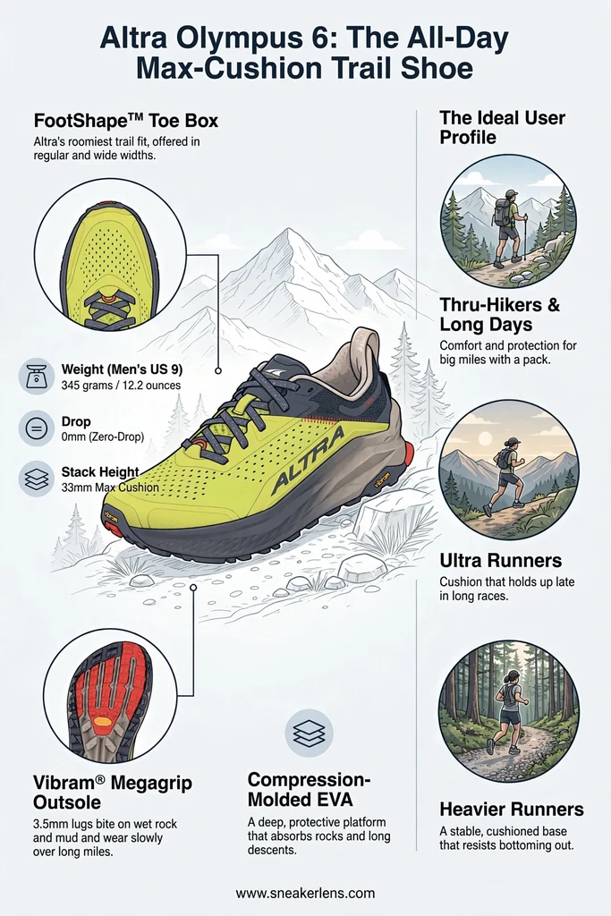 Infografía de los Altra Olympus 6 con su plataforma zero-drop de amortiguación máxima de 33 mm, suela Vibram Megagrip, punta FootShape y los perfiles ideales de senderistas y ultramaratonistas.