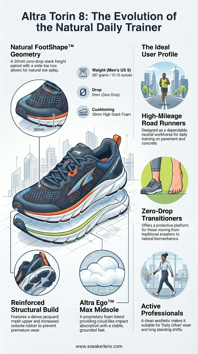 A product infographic detailing the Altra Torin 8's structural anatomy, 30mm zero-drop technical specifications, and recommended user profiles for runners and active professionals.