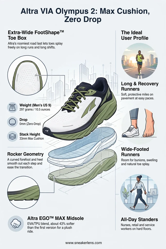 Infografía de los Altra Via Olympus 2 con su entresuela zero-drop EGO MAX de 33 mm, geometría rocker, punta ancha FootShape y los perfiles ideales de corredores de larga distancia y de recuperación.