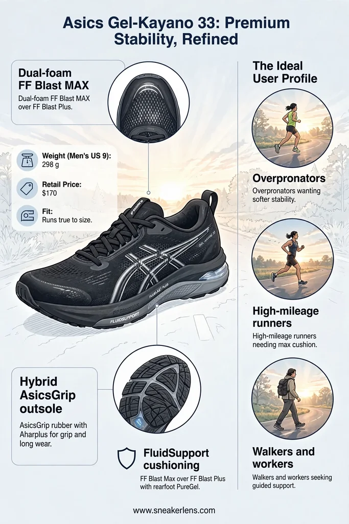 A product infographic showing the Asics Gel-Kayano 33's dual-foam cushioning, FLUIDSUPPORT stability, true-to-size fit with wide options, and best-fit users like overpronators and daily runners.
