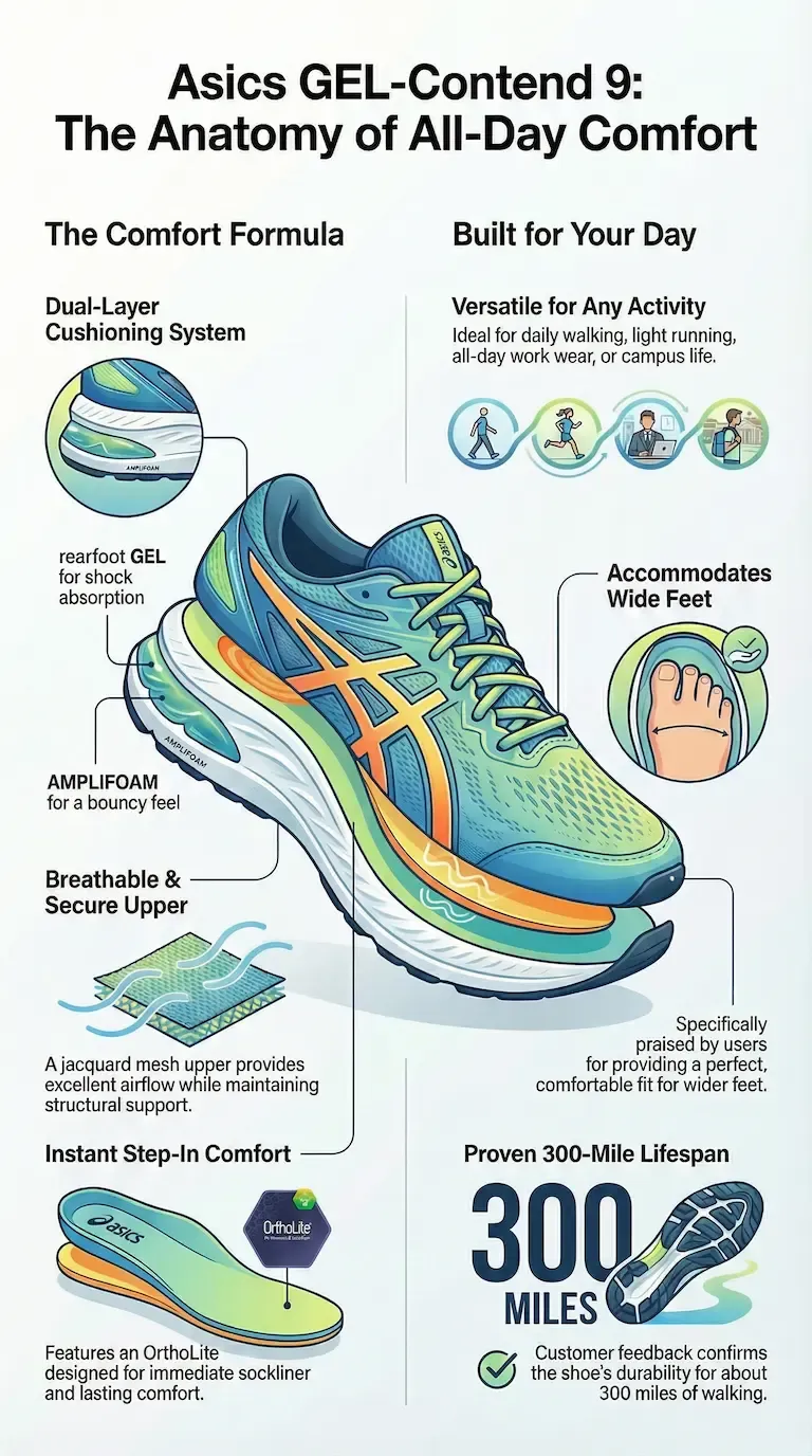 Infographic showcasing the Asics GEL-Contend 9, highlighting its dual-layer cushioning with rearfoot GEL and AMPLIFOAM, breathable mesh upper, instant OrthoLite step-in comfort, wide-foot friendly fit and proven durability of around 300 miles.