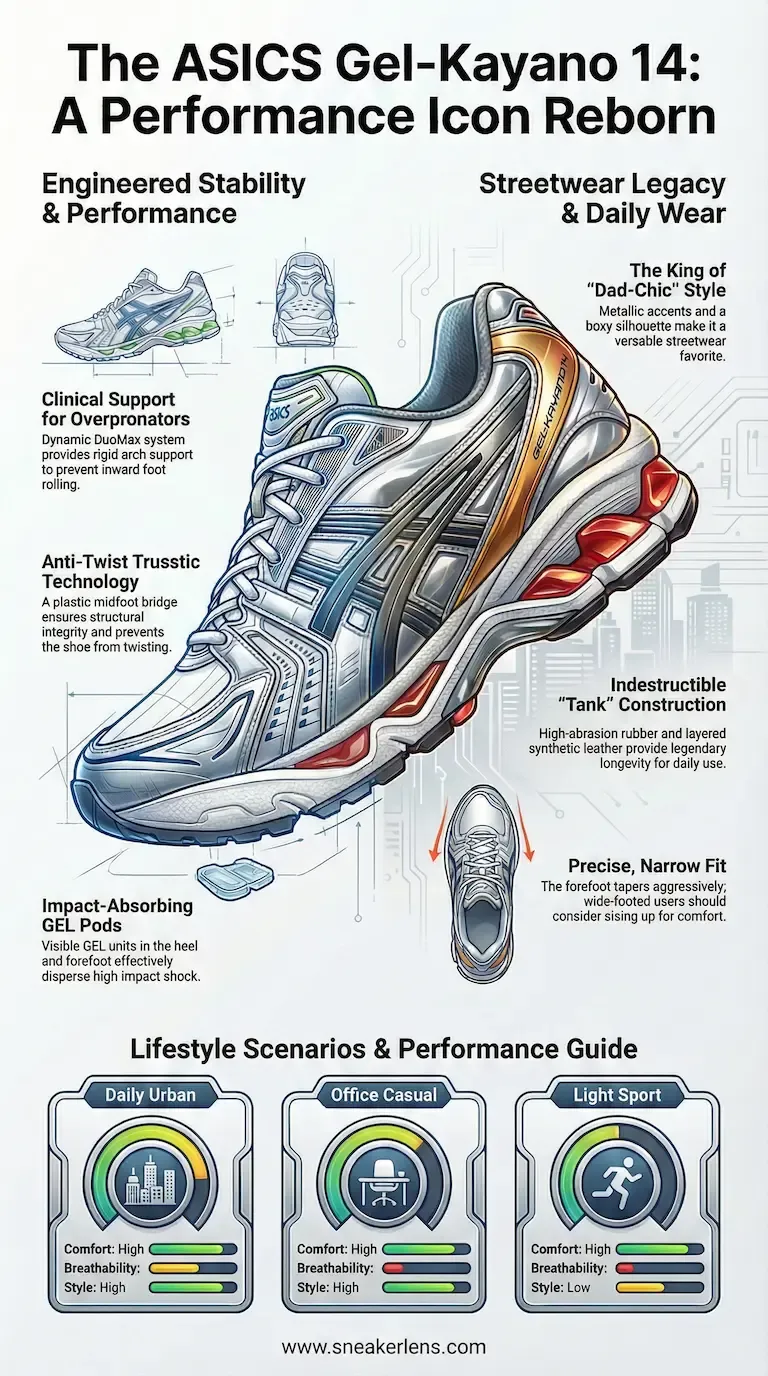 Infographic of ASICS Gel-Kayano 14 running shoe highlighting DuoMax support, GEL pods, anti-twist tech, and tank construction for overpronators and daily wear.