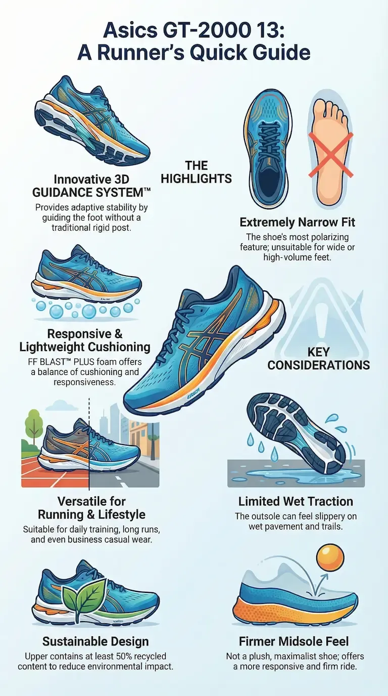 Asics GT-2000 13 running shoe infographic highlighting stability features, FF Blast cushioning, narrow fit, wet-traction limitations, and daily training versatility.