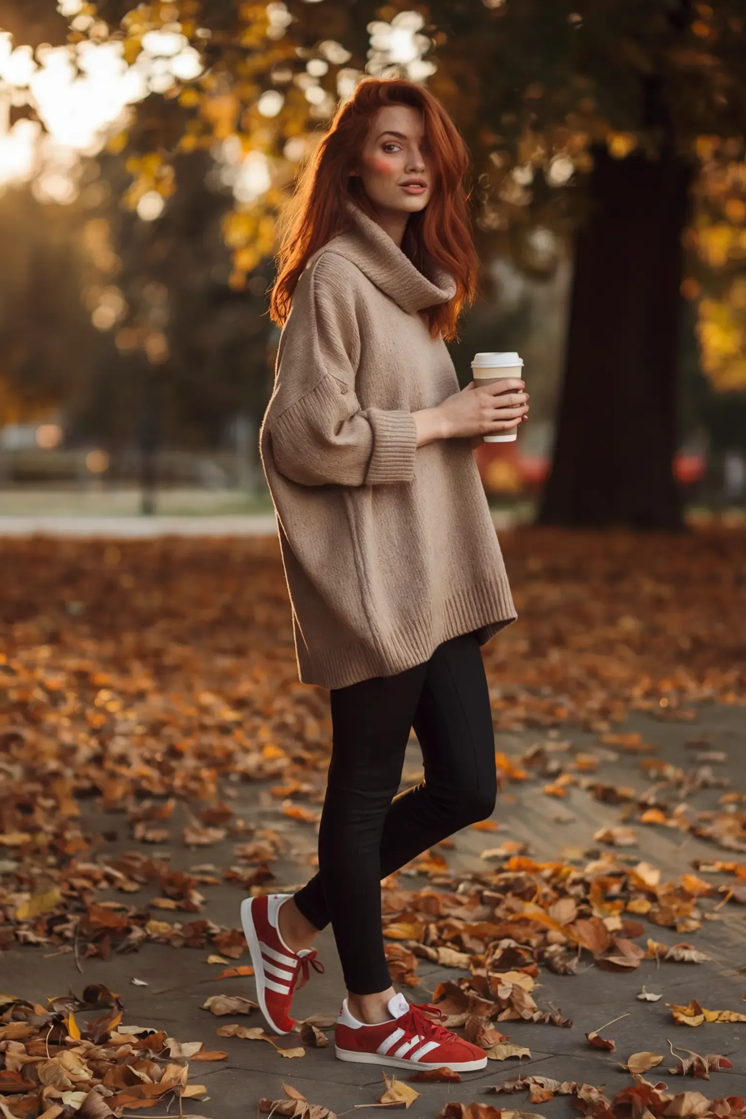 Autumn style featuring beige turtleneck sweater with black skinny jeans and red sneakers, photographed among fallen leaves during golden hour