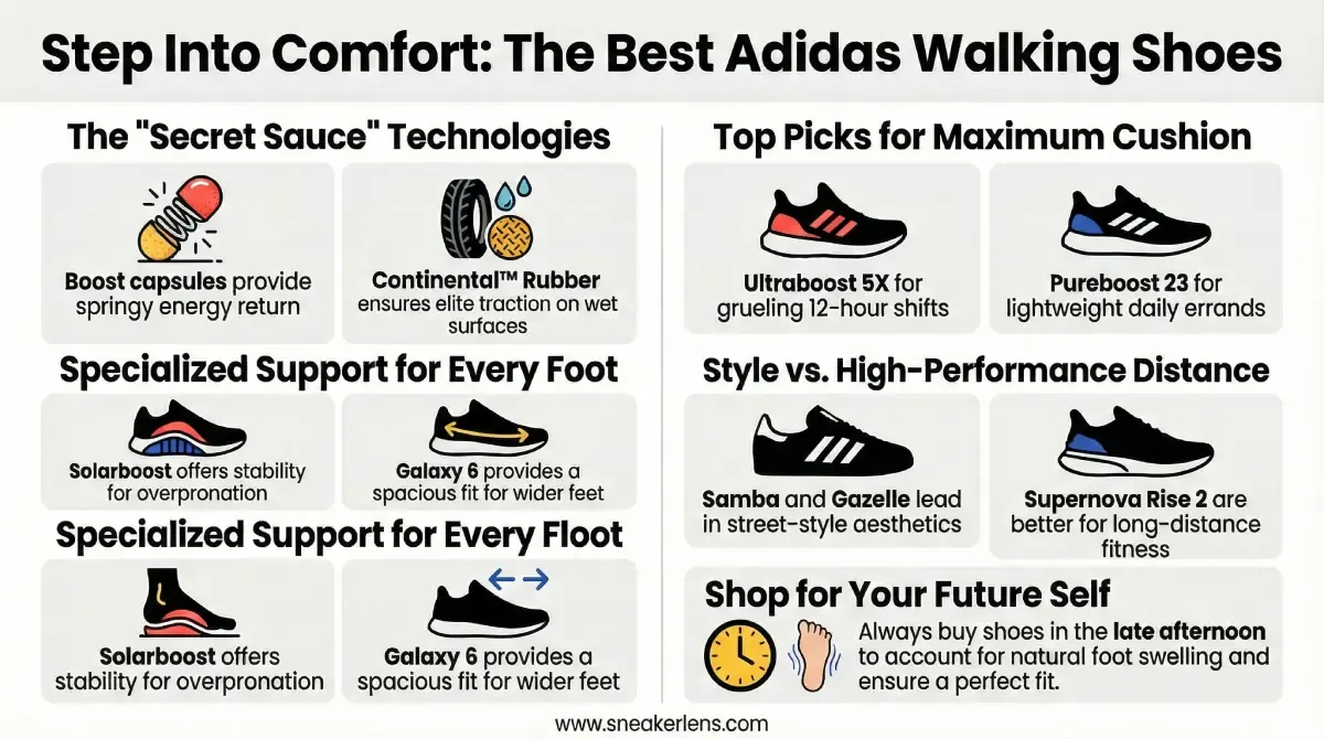 An infographic showcasing Adidas walking shoes with key features like Boost capsules, Continental™ rubber, Solarboost, Galaxy 6, Ultraboost 5X, Pureboost 23, Samba, Gazelle, and Supernova Rise 2, plus tips for optimal fit and performance.