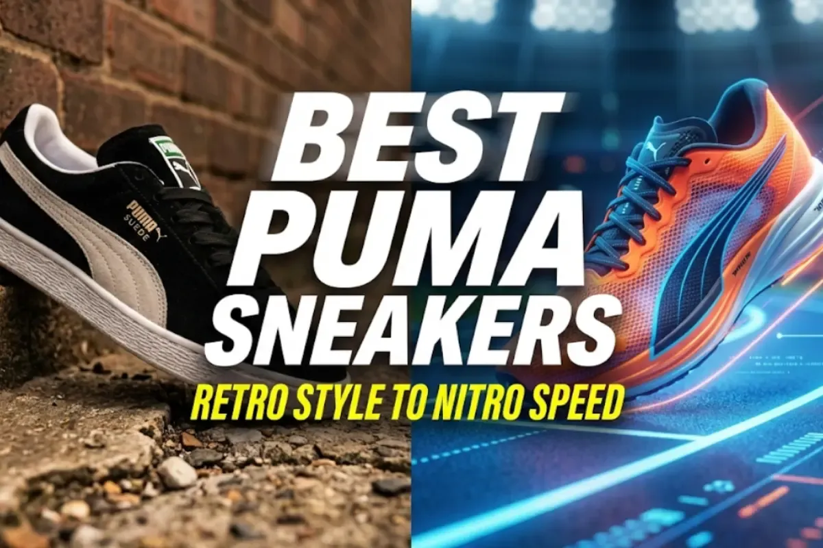 Split image comparing a classic Puma Suede on the street and a modern Puma Nitro running shoe on a track, overlaid with the title 'Best Puma Sneakers'.