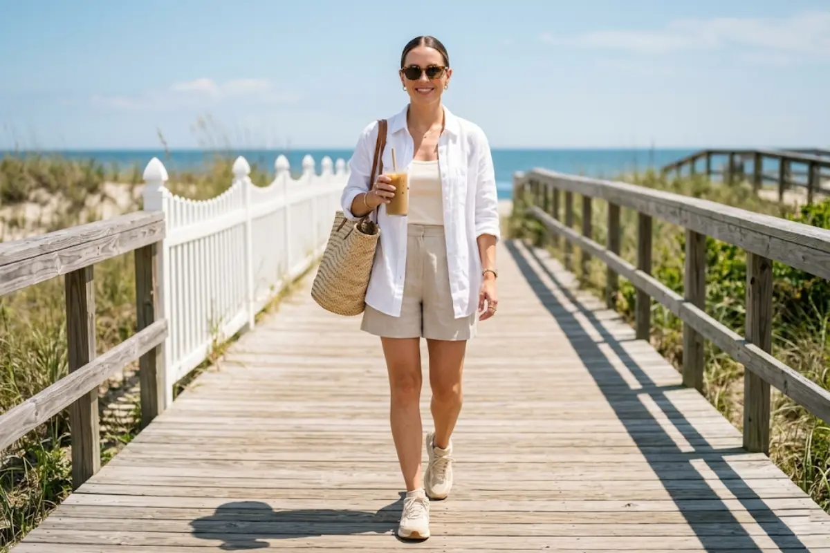 A stylish woman wearing breathable mesh sneakers and a breezy linen outfit walking on a sun-drenched summer boardwalk.