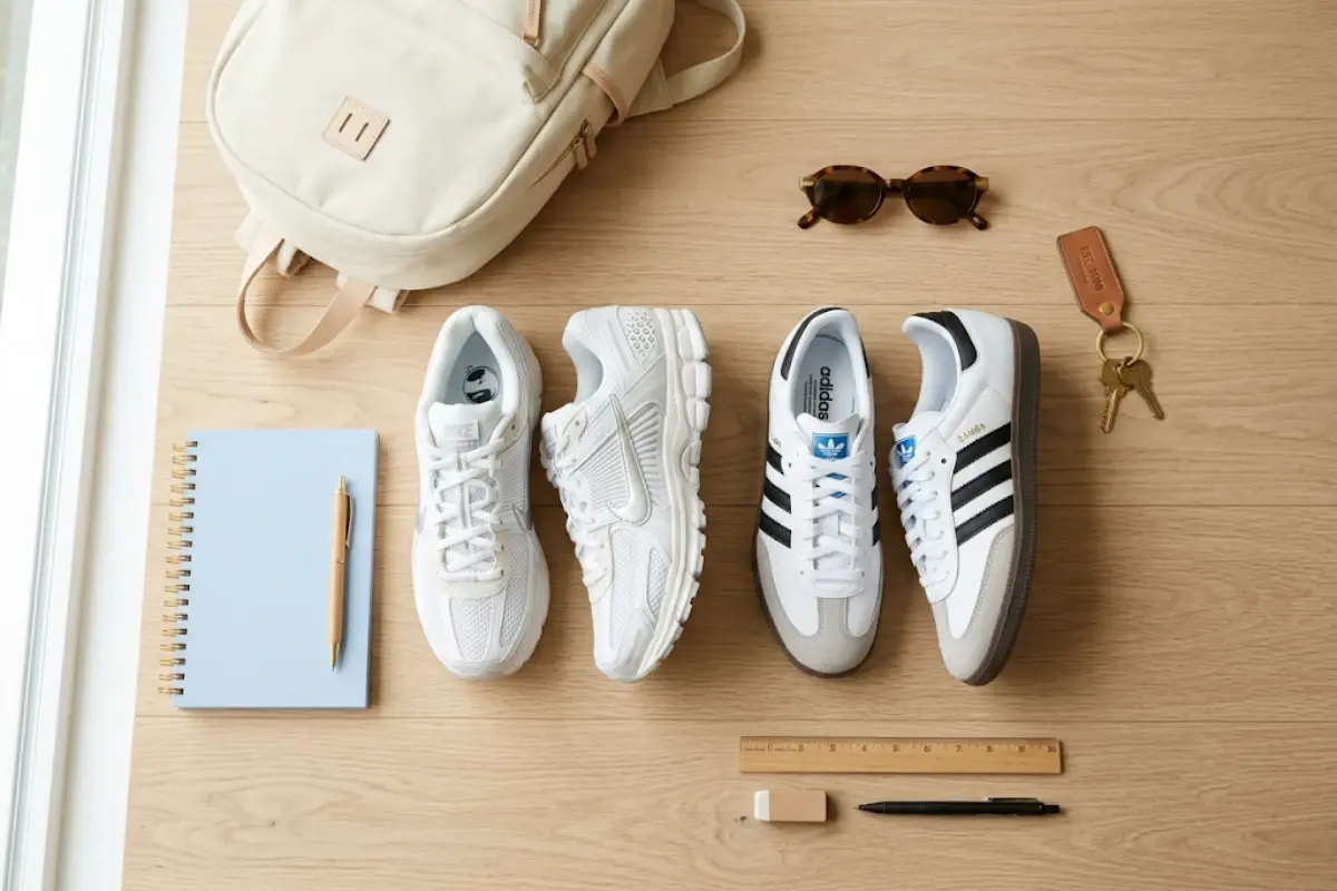 White Nike Vomero 5 and Adidas Samba sneakers in a minimalist back-to-school flat lay for campus style.