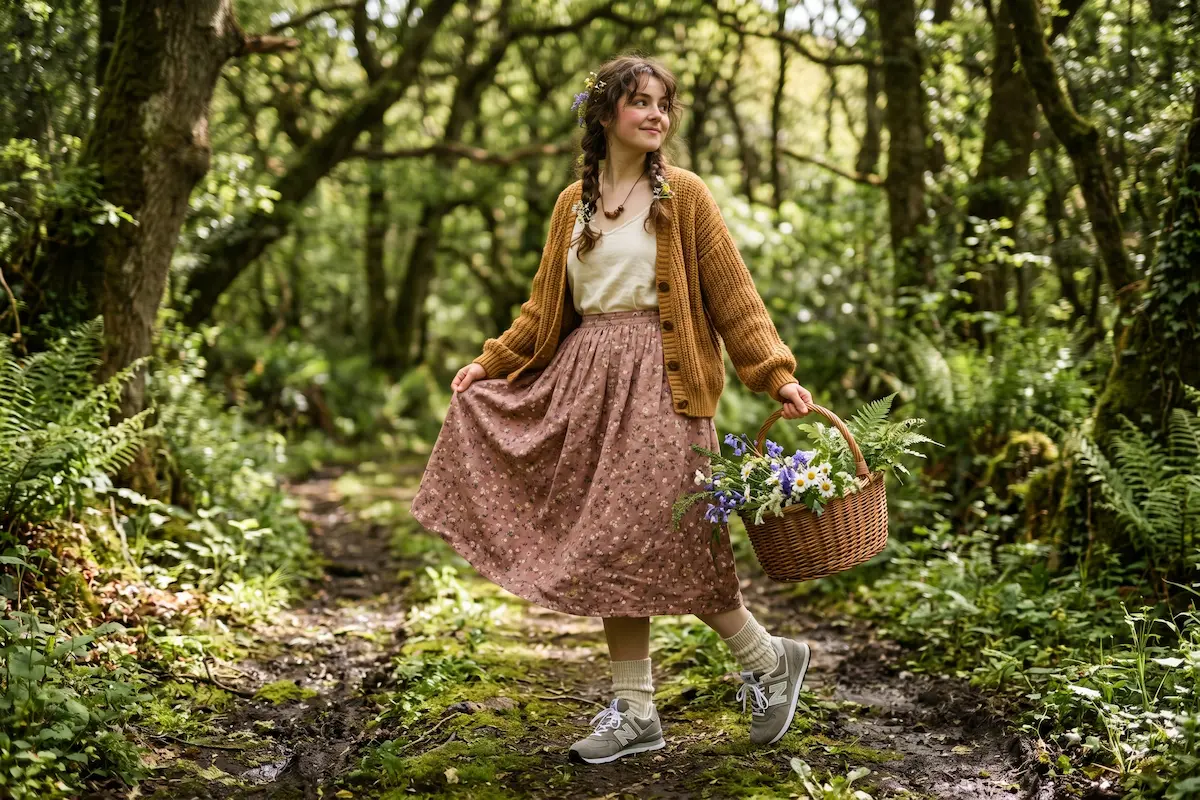 Studio Ghibli cottagecore outfit featuring a floral linen skirt and grey New Balance 574 sneakers on a late spring path.