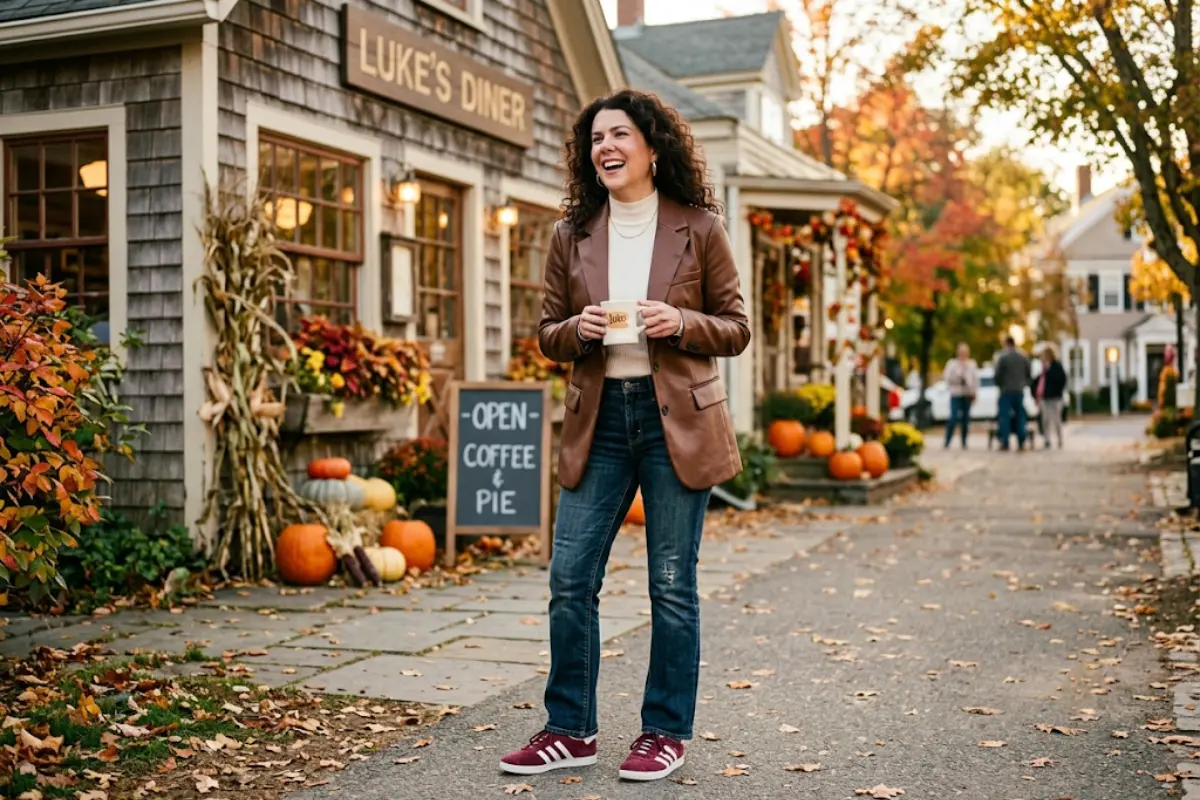 Woman with bouncy curls wearing a brown leather blazer, bootcut jeans, and burgundy suede Adidas Gazelle sneakers while holding a coffee cup outside a Stars Hollow-style diner.